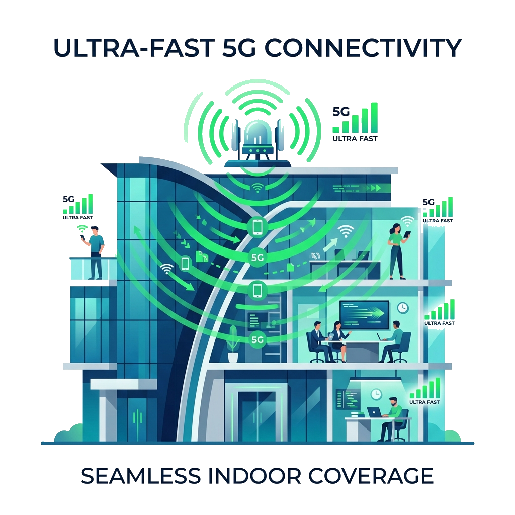 Modern Flat Vector Tech Illustration showing High-Speed 5G Cell Phone Signal Booster structural coverage