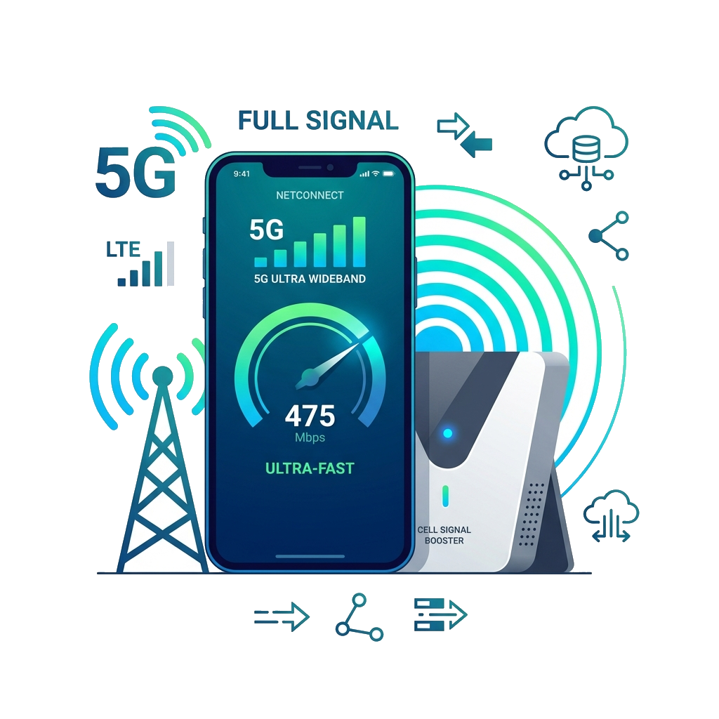 Modern Flat Vector Infographic showing Cell Phone Signal Booster Performance boost